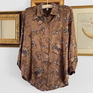 100% Silk Novelty Western Brown Equestrian Horse aop Button Up Blouse Vintage
